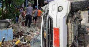 Kondisi mobil ambulance yang kecelakaan di wilayah Desa Lubuk Kemang, Kecamatan Rawas Ulu, Muratara, Minggu (7/5/2023). Foto : Medsos.