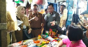 Ahli Madya Urusan Perindustrian Perdagangan Kementerian Dalam Negeri, Nyimas Dwi Koryati, saat memantau harga pangan di Pasar KM 5, Selasa (22/8/2023). Foto : Sumselheadline/Pitria.