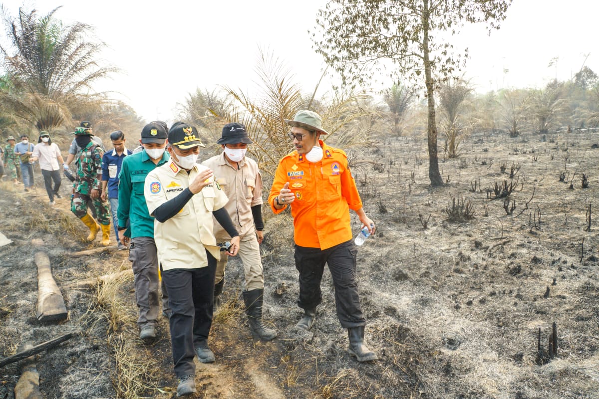 Pj Bupati Muba, Apriyadi datangi kawasan lahan kebun di Desa Ngulak yang terbakar, Selasa (17/10/2023). Foto : Dinkominfo Muba.
