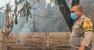 Seoerang anggota polisi yang ikut menyaksikan dan memadamkan api di lahan yang terbakar, Senin (16/10/2023). Foto : Sumselheadline/Ela.