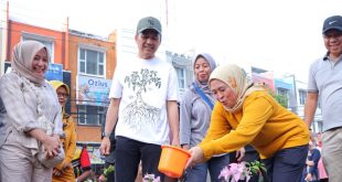 PJ Walikota Palembang Ratu Dewa didampingi Ketua TP PKK Palembang Dewi Sastrani menanam bunga bougenville. Foto : Sumselheadline/Pitria