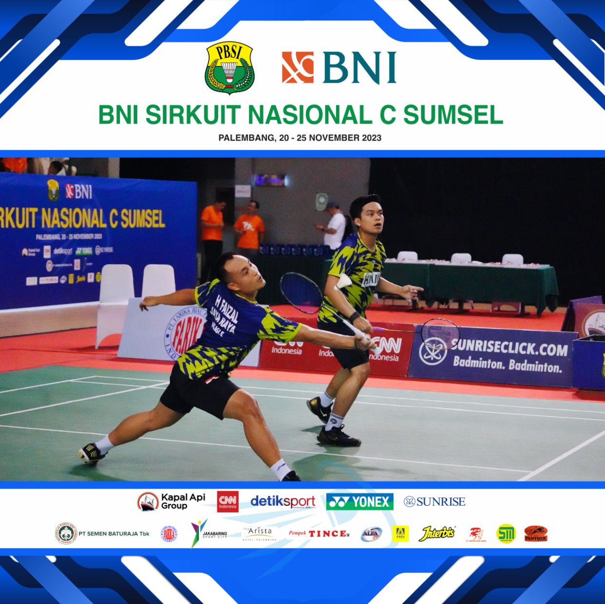 Hafiz Faisal/Reza bermain agresif dan menjadi juara ganda putra dewasa BNI Sirnas C Sumsel, Sabtu (25/11/2023). Foto : Dok Humas Panitia Sirnas