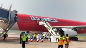 Pemberangkatan jemaah haji tahun 2023 lewat Saudi Arabia Air LIne. Foto: Dok Sumselheadline.