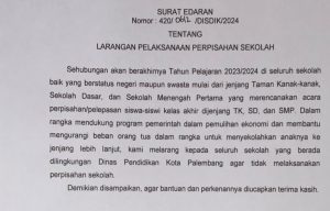 Edaran Kadiknas Palembang tentang larangan pesta perpisahaan sekolah.