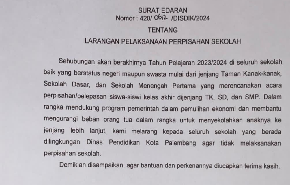 Edaran Kadiknas Palembang tentang larangan pesta perpisahaan sekolah.
