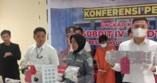 Tim Subdit IV Tipidter Ditreskrimsus Polda Sumsel saat pers rilis penangkapan tersangka penyalahgunaan BBM bersubsidi, Rabu (7/2/2024). Foto: Sumselheadline/Ela.