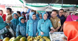 Pj Walikota Palembang bersama istri melihat pasar murah Lemabang. Foto: Kominfo Palembang.