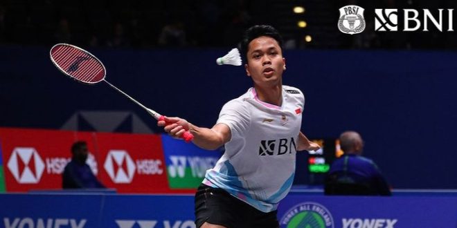 Anthony Gining menang 21-18, 21-19 atas Kenta di 16 besar All Englad, Kamis(14/3/2024). Foto: IG PBSI.