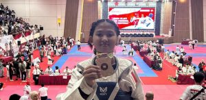 Salah satu atlet mewakili Polda Sumsel yang berhasil meraih medali emas di Kejuaraan Nasional (Kejurnas) Taekwondo Kapolri Cup ke-V Tahun 2024 di Jakarta. Foto: Humas Polda Sumsel.