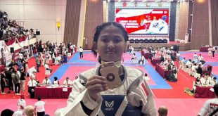 Salah satu atlet mewakili Polda Sumsel yang berhasil meraih medali emas di Kejuaraan Nasional (Kejurnas) Taekwondo Kapolri Cup ke-V Tahun 2024 di Jakarta. Foto: Humas Polda Sumsel.