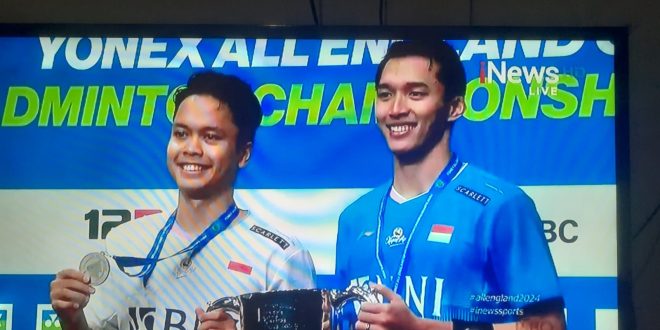 Jhonatan Criestin sukses juara All England 2024, setelah di final mengalahkan rekan sesama pelatnas Anthony Ginting, 21-15, 21-14, Minggu (17/3/2024). Foto: screenshot inews tv.