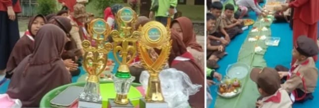 Para guru dan siswa SDN Sukamaju, Sungai Lilin, Muba menggelar nasi tumpeng. Foto: Dok SDN 1 Suakamaju.