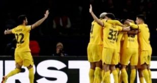Para pemain Barcelona merayakan gol ke gawang PSG, Kamis (11/4/2024). Foto: AFP/Anna.