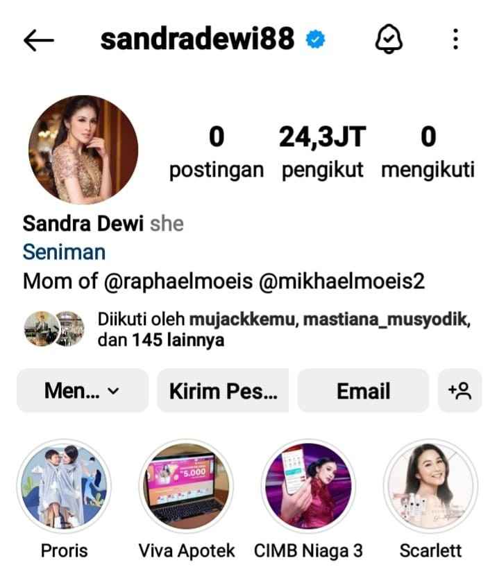 Profile IG Sandra Dewi. Foto: screenshot IG sandradewi88.