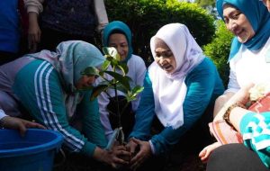Pj Ketua Tim Penggerak (TP)  PKK Sumsel Tyas Fatoni menanam cabai di kawasan Anjungan Sumsel, TMII Jakarta, Sabtu (27/4/2024). Foto: Humas Pemprov Sumsel.