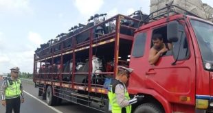 Petugas yang menindak truk bermuatan berat yang bandel melintas dalam kota saat jam sibuk. Foto: Dok Sumselheadline.