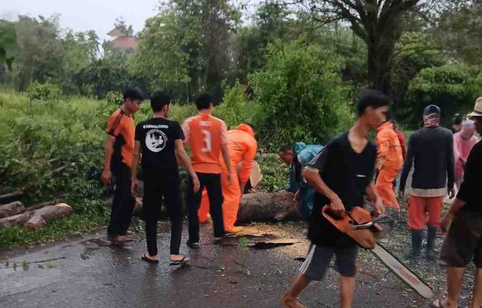 Tim BPBD Muba yang sigap membersihkan pohon tumbang melintang di jalan, Minggu (19/5/2024). Foto: Dok Tim BPBD Muba.