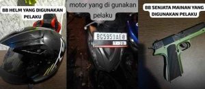 Polisi mengamankan senjata api mainan dan sepeda motor yang digunakan pelaku untuk merampok, Jumat (5/7/2024). Foto: Dok Polisi.
