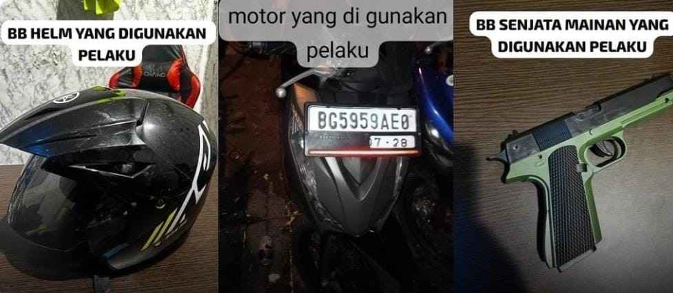 Polisi mengamankan senjata api mainan dan sepeda motor yang digunakan pelaku untuk merampok, Jumat (5/7/2024). Foto: Dok Polisi.