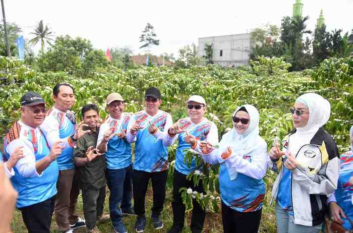 Pj Gubernur Sumsel, Eelen Setaiadi saat berada di tengah kebun kopi di Danau Ranau, OKU Selatan, Jumat (9/8/2024). Foto: Humas Pemprov Sumsel.