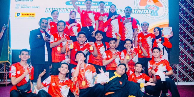 Tim pesilat Polda Sumsel yang berhasil meraih sejumlah medali di Kejurnas Silat Menpora di Banyuasin. Foto: Dok Humas Polda Sumsel.