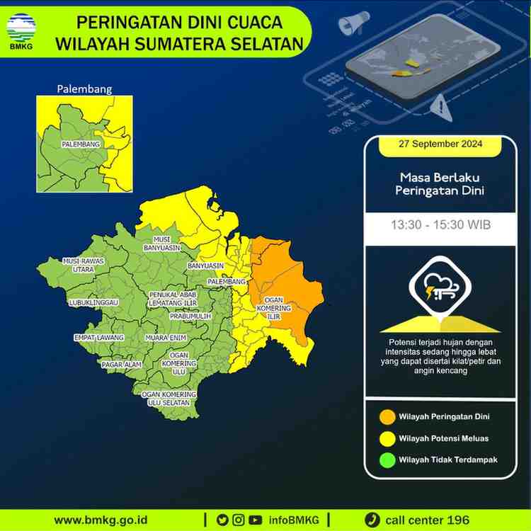 Peta wilayah mulai hujan di Sumsel. Foto; Dok BMKG Sumsel.