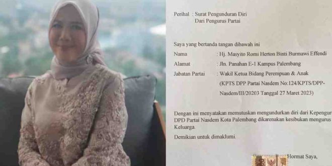 Masyitoh Romi Herton dan surat pengunduran dirinya dari NasDem. Foto: IST