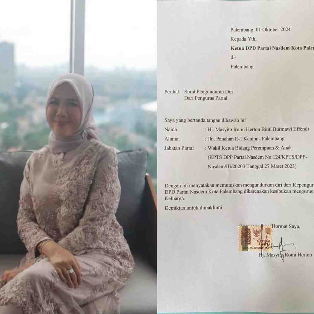 Masyitoh Romi Herton dan surat pengunduran dirinya dari NasDem. Foto: IST