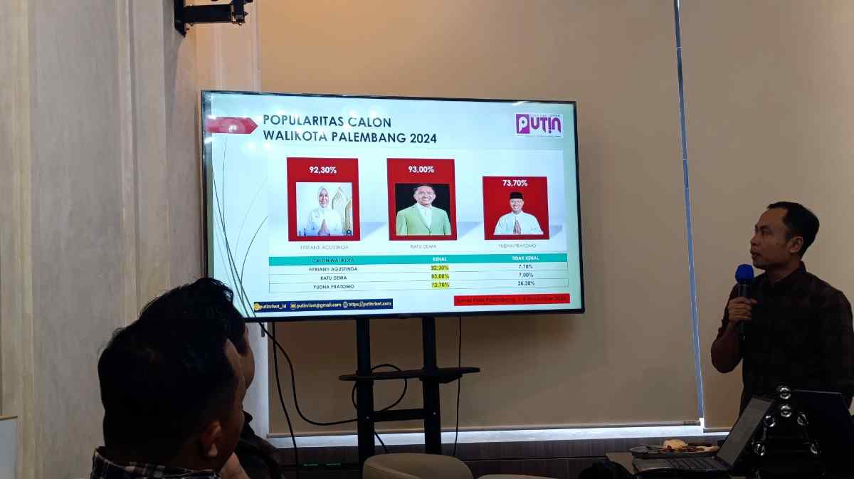 Tim lembaga riset politik Public Trust Institute (PUTIN) merilis hasil survei terbaru mengenai elektabilitas 3 pasangan calon Wali Kota dan Wakil Wali Kota Palembang, Rabu (13/11/2024). Foto: Sumselheadline/Pitria.