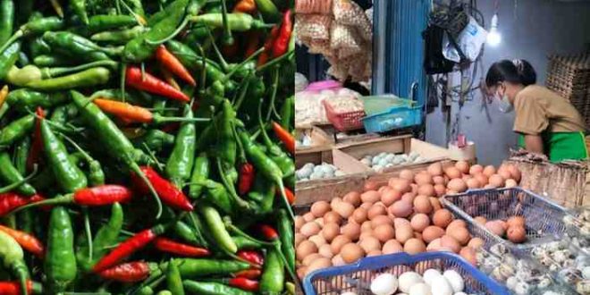 Telur dan cabai yang diperjualbelikan di salah satu pasar tradisional di Palembang. Foto: Dok Sumselheadline.