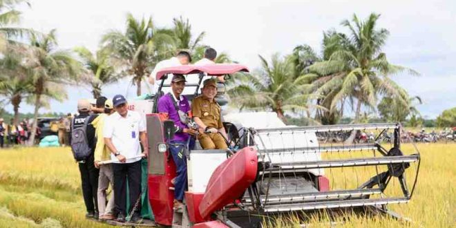 Penjabat (Pj) Gubernur Sumsel, Elen Setiadi, S.H., M.S.E mendampingi Menteri Koordinator (Menko) Bidang Pangan Zulkifli Hasan dan Wakil Menteri Dalam Negeri Bima Arya Meninjau Lahan Cetak Sawah dan Panen Raya di Desa Sri Menanti Kecamatan, Tanjung Lago Kabupaten Banyuasin, Senin (13/1/2025) pagi.  Foto: Humas Pemprov Sumsel.