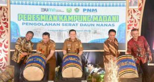 Penjabat Gubernur Sumatera Selatan Elen Setiadi, S.H., M.S.E meresmikan kampung Madani pengolahan serat daun nanas di Desa Tanjung Bunut, Kecamatan Belida Darat, Kabupaten Muara Enim,  Selasa (4/2/2025) pagi. Foto: Humas Pemprov Sumsel.