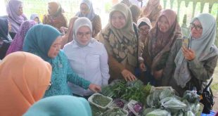 Ketua TP PKK Kota Palembang Dewi Sastrani Ratu Dewa menyaksikan Pasar Murah di Kelurahan Karang Anyar, Selasa (18/3/2025). Foto: Kominfo Palembang.