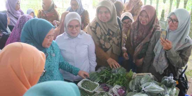 Ketua TP PKK Kota Palembang Dewi Sastrani Ratu Dewa menyaksikan Pasar Murah di Kelurahan Karang Anyar, Selasa (18/3/2025). Foto: Kominfo Palembang.