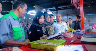 Kapala Disdagprin Azizah diwakili Kepala Bidang Barang Kebutuhan Pokok dan Penting Disdagperin Muba, didampingi oleh unsur Organisasi Perangkat Daerah (OPD) terkait serta Tim Pengendalian Inflasi Daerah (TPID) Kabupaten Muba sidak ke Pasar Sekayu, Jumat (28/2/2025). Foto: Kominfo Muba.
