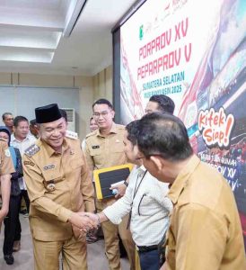 Bupati Muba, HM Toha menghadiri rapat evaluasi persiapan Pekan Olahraga Provinsi (Porprov) XV Sumatera Selatan 2025, Selasa (25/3/2025). Foto: Kominfo Muba.