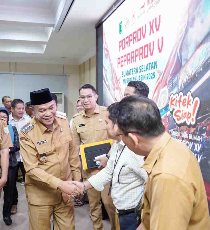Bupati Muba, HM Toha menghadiri rapat evaluasi persiapan Pekan Olahraga Provinsi (Porprov) XV Sumatera Selatan 2025, Selasa (25/3/2025). Foto: Kominfo Muba.