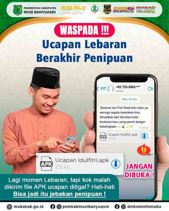 Ilustrasi penipuan modus kirim ucapan lebaran lewat aplikasi APK. Foto: Kominfo Muba.