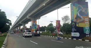 Tiang-tiang LRT dimanfaatkan sebagai media promosi saat perhelatan Asian Games. Foto: Dok detiksport.