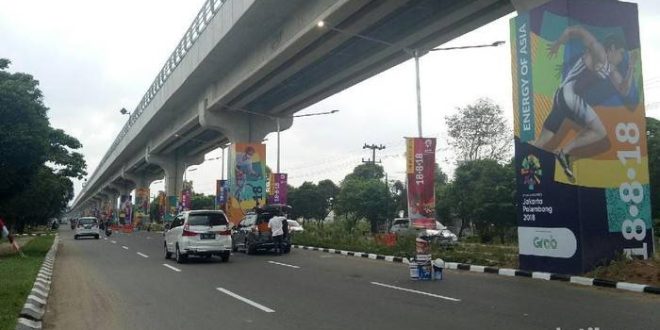 Tiang-tiang LRT dimanfaatkan sebagai media promosi saat perhelatan Asian Games. Foto: Dok detiksport.