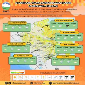 Peta prakiraan daerah rawan banjir di Sumsel. Foto: BMKG Sumsel.