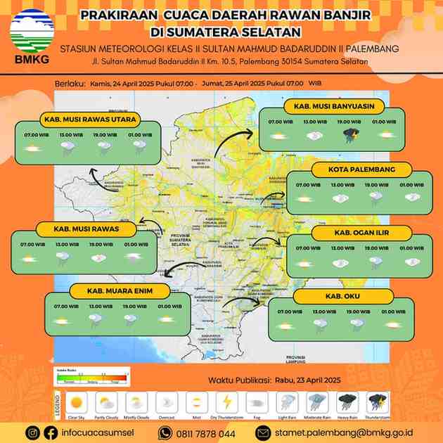 Peta prakiraan daerah rawan banjir di Sumsel. Foto: BMKG Sumsel.