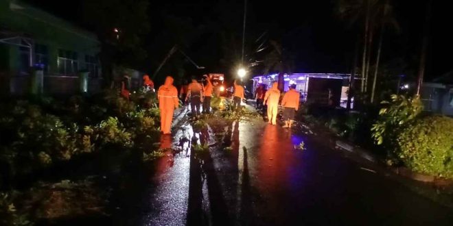 Para petugas gabungan, Rabu (23/4/2025) malam mengevakuasi pohon tumbang di Soak Baru Kecamatan Sekayu. Foto: Dok BPBD Muba.