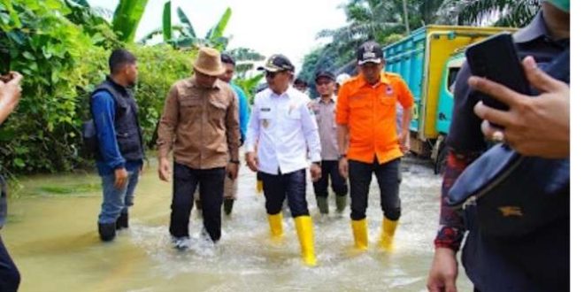 Wabup Muba, Rohman meninjau lokasi banjir di Desa Peninggalan, Kecamatan Tungkal Jaya, Kamis (10/4/2025). Foto: Kominfo Muba.