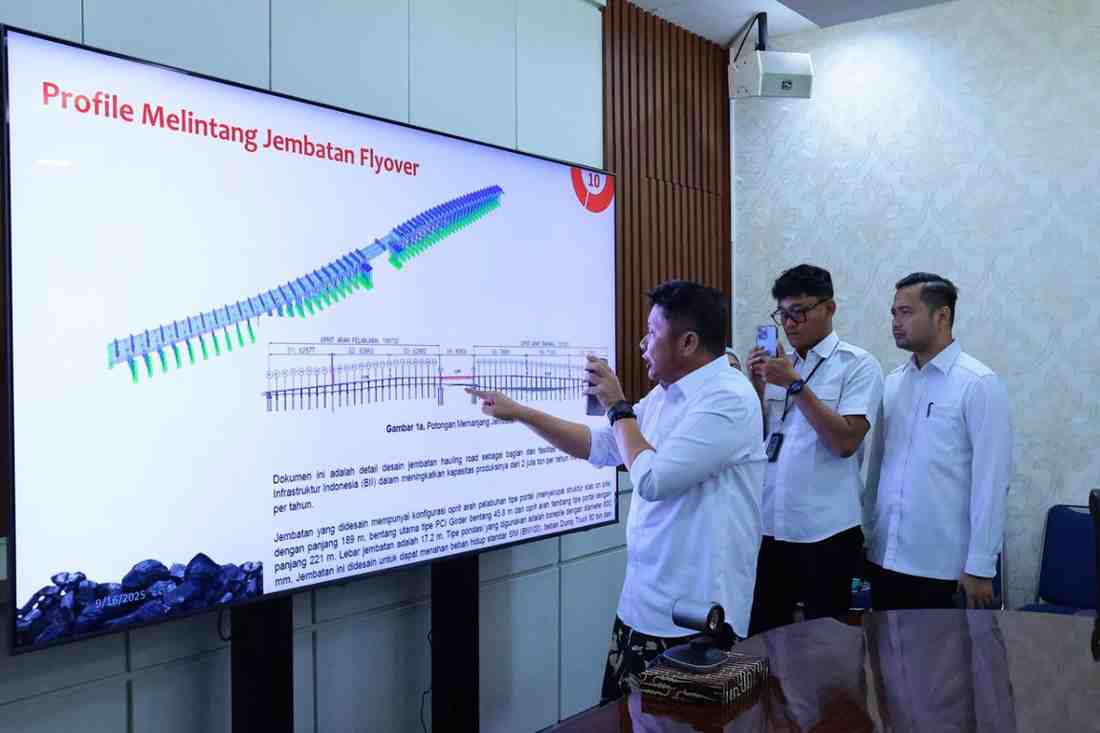 Gubernur Herman Deru saat melihat maket jalan dan jembatan khusus batubara di Sungai Lilin, Muba, yang akan ditunjukkan jajaran Direksi PT. BMP di ruang rapat Gubernur, Rabu (22/10/2025). Foto: Humas Pemprov Sumsel.