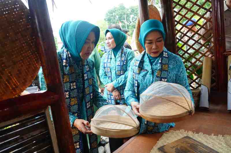 Ketua TP PKK Provinsi Sumatera Selatan, Feby Herman Deru melihat karya UMKM saat kunjungan kerja ke TP PKK Kabupaten Empat Lawang, Selasa (21/7/2026). Foto: Humas Pemprov Sumsel.