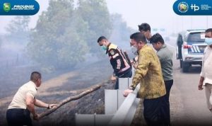 Gubernur Sumatera Selatan H. Herman Deru meninjau langsung sejumlah titik lokasi kebakaran hutan dan lahan (Karhutla) di kawasan Jalan Tol Palembang-Indralaya (Palindra), Sabtu (29/8/2026). Foto: Humas Pemprov Sumsel.