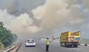 Jalan Tol Berkabut Kebakaran lahan yang asapnya menyelimuti jalan tol Palembang-Kayuagung. Foto: Dok Rmolsumsel/IST