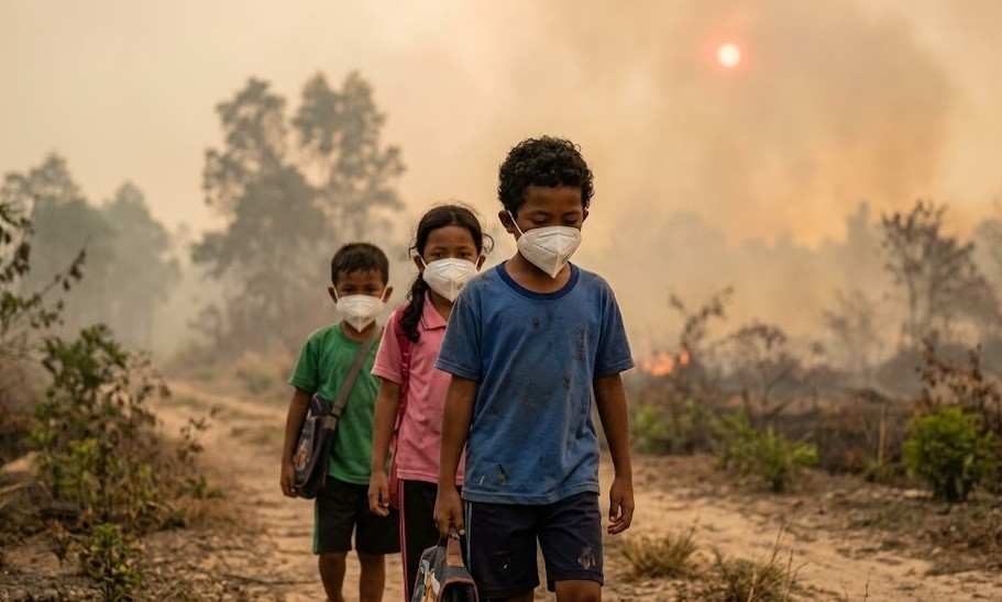 Ilustrasi anak dengan kabut asap. Foto: IST/inews.