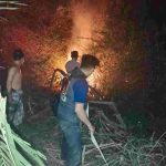 Petugas Damkar dan warga memadamkan kebakaran hutan dan lahan (karhutla) yang terjadi di dekat permukiman warga di Jalan Golkar, Dusun 2, Desa Petaling, Kecamatan Lais, Kabupaten Musi Banyuasin (Muba), Selasa (1/9/2026) malam. Foto: Kominfo Muba.